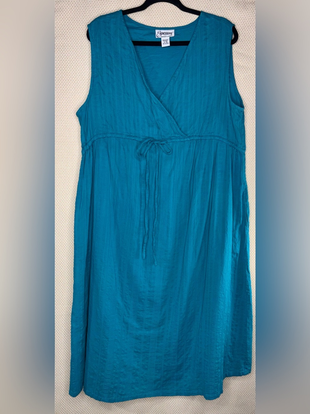 Expressions Turquoise Textured Cotton Faux Wrap Midi Dress with Pockets size 1X